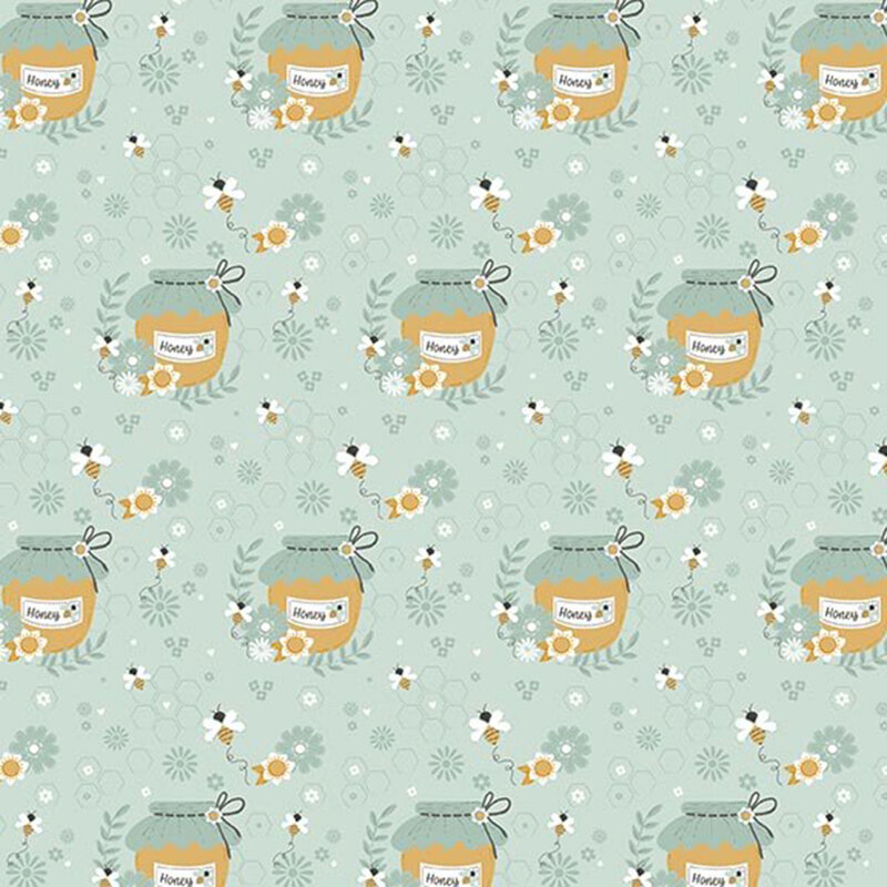 Light aqua fabric with a tonal pattern of honeycombs and daisies featuring a pattern of stylized golden honey jars and bees