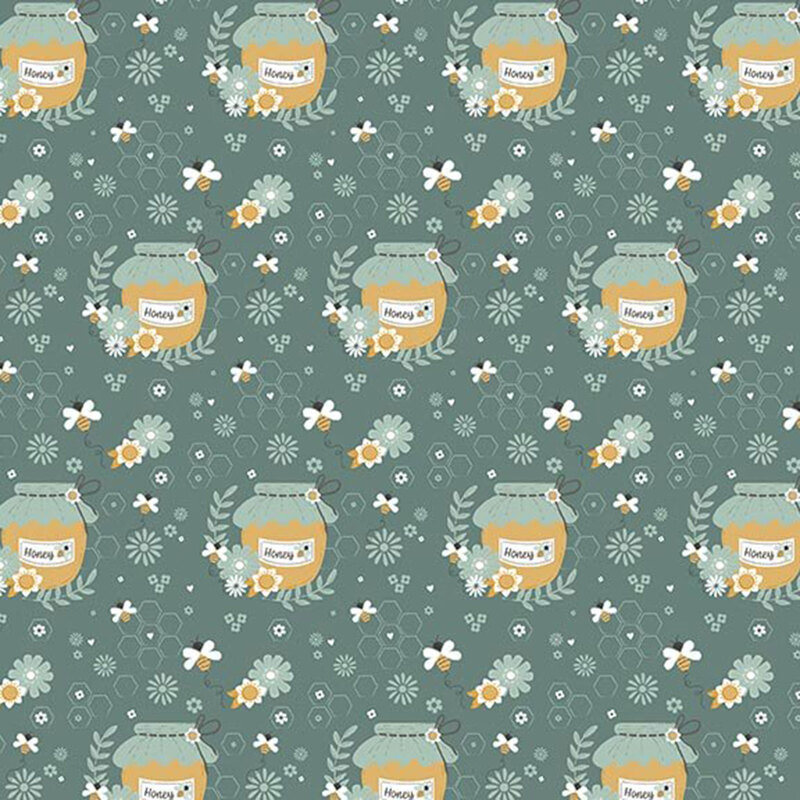 Dark teal fabric with a tonal pattern of honeycombs and daisies featuring a pattern of stylized golden honey jars and bees
