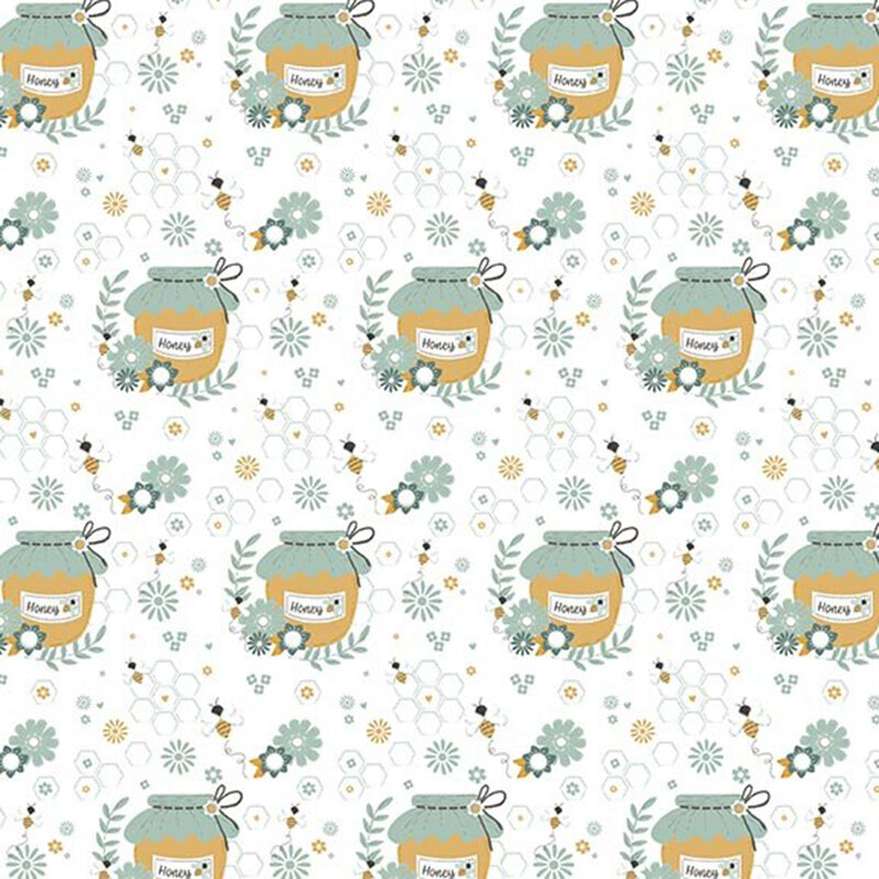 Cloud white fabric with a pattern of honeycombs, daisies, and stylized golden honey jars and bees