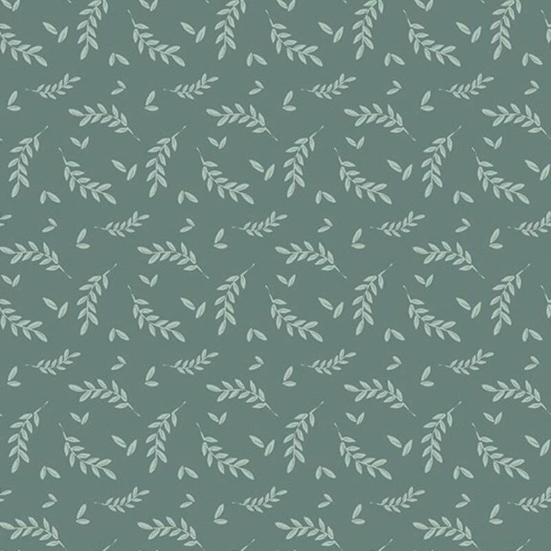 Dark teal fabric with a tossed light aqua pattern of leaves