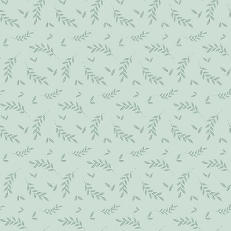 Faded aquamarine fabric with a tossed, tonal pattern of leaves