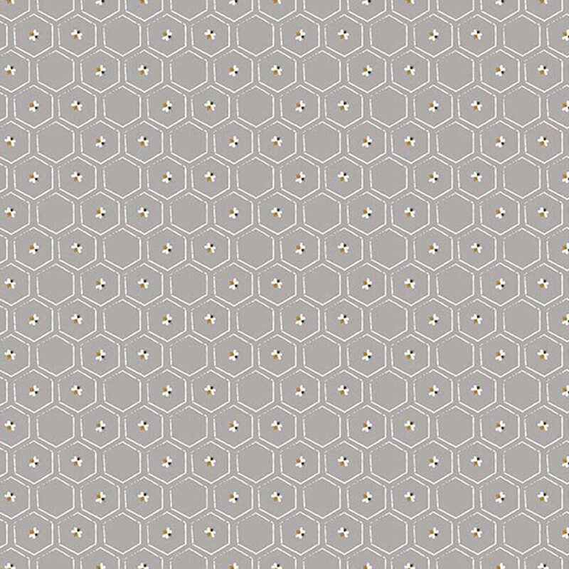 Gray fabric featuring a white honeycomb lattice with little bees within
