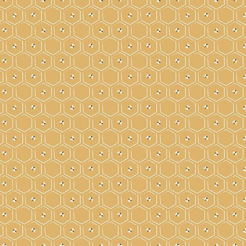 Goldenrod fabric featuring a white honeycomb lattice with little bees within