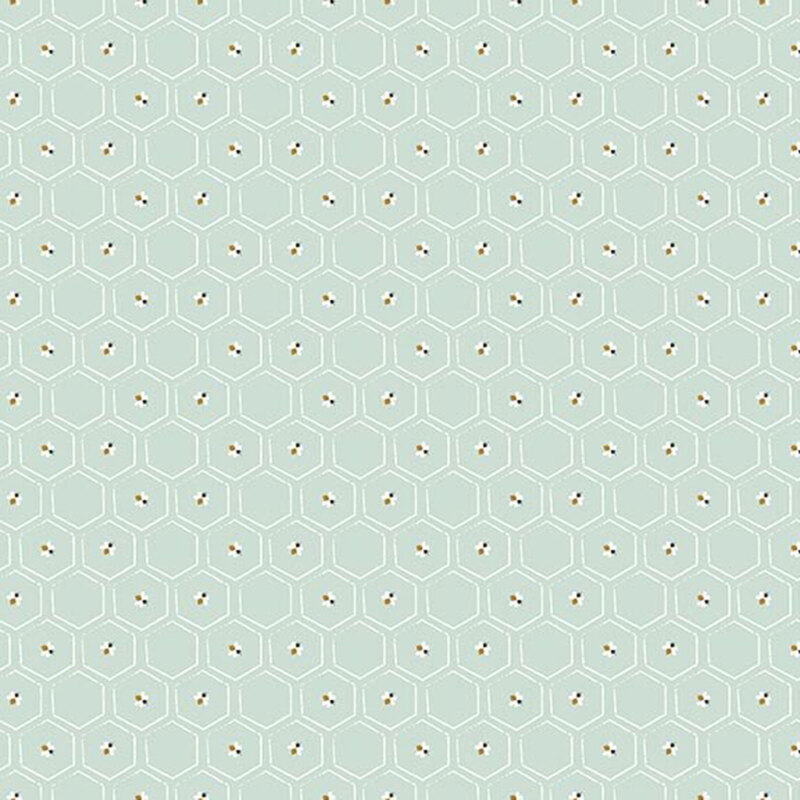 Light aqua fabric featuring a white honeycomb lattice with little bees within