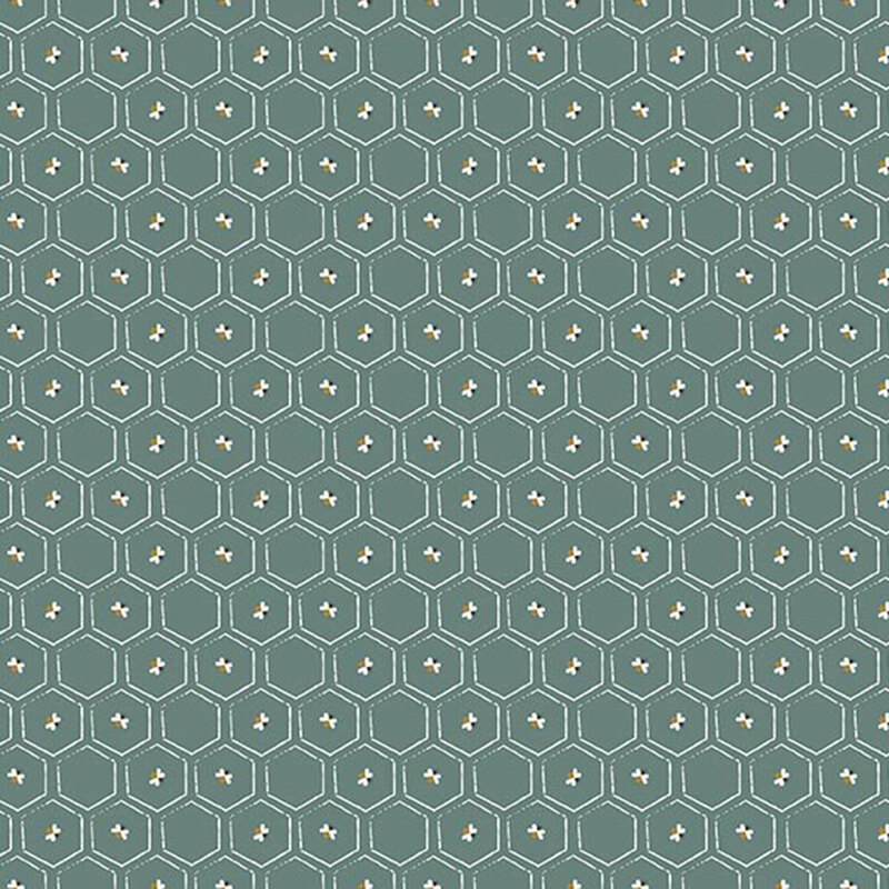 Dark teal fabric featuring a white honeycomb lattice with little bees within