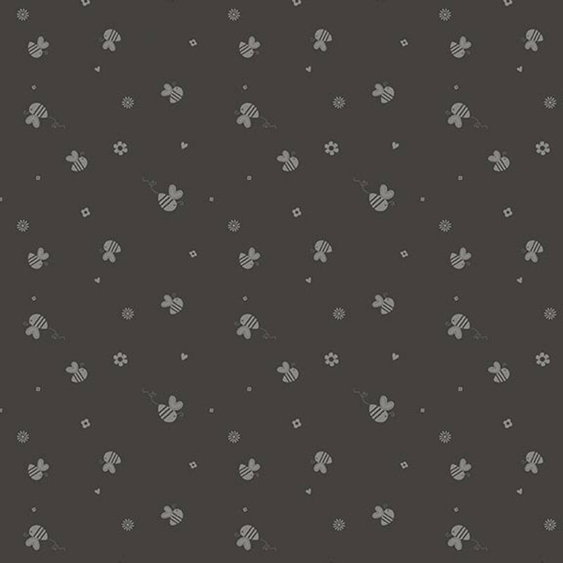 Charcoal fabric with a tossed pattern of light gray honeybees, flowers, and other small shapes.