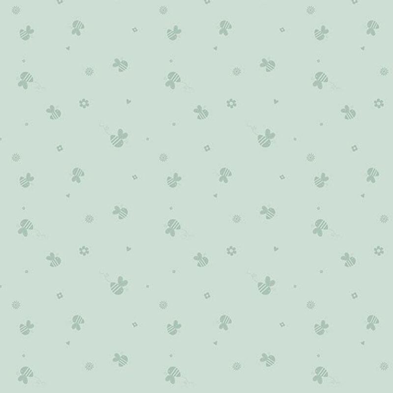 Light aqua fabric with a tossed pattern of teal honeybees, flowers, and other small shapes.