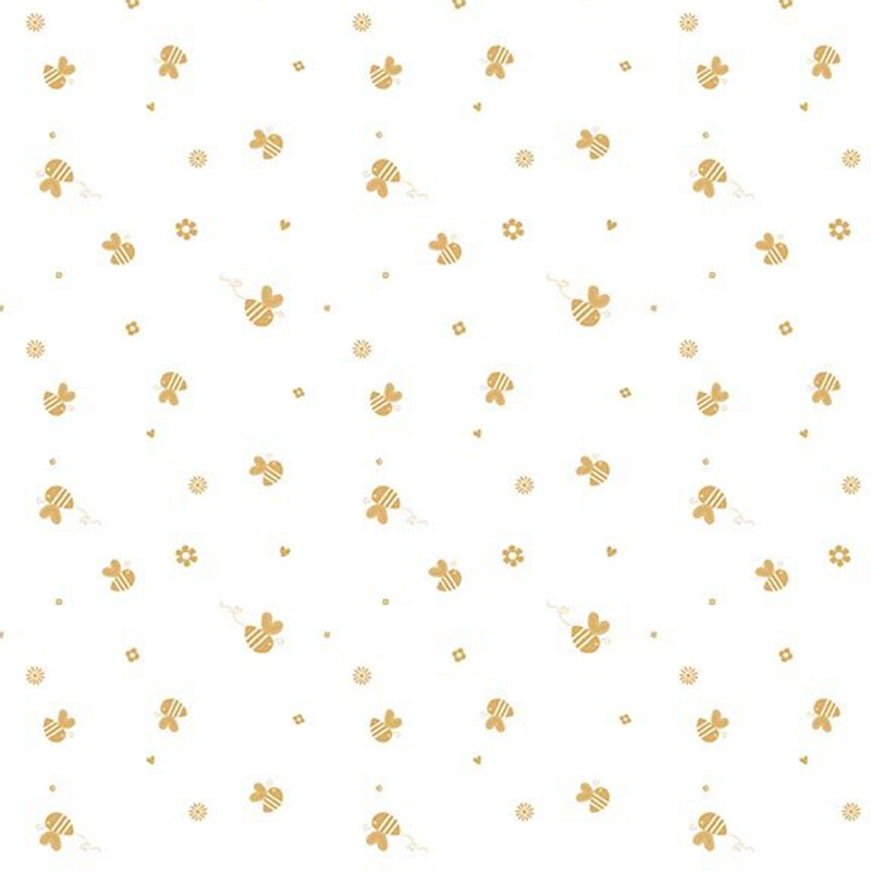 Cloud white fabric with a tossed pattern of gold honeybees, flowers, and other small shapes.
