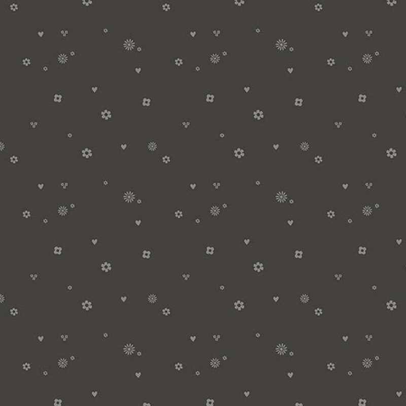 Charcoal fabric with a tossed pattern of small light gray shapes including daisies, hearts, squares, and dots.