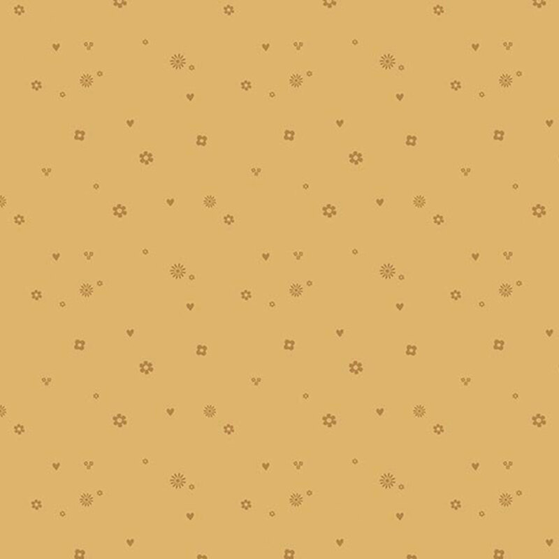 Goldenrod fabric with a tossed pattern of small dark gold shapes including daisies, hearts, squares, and dots.