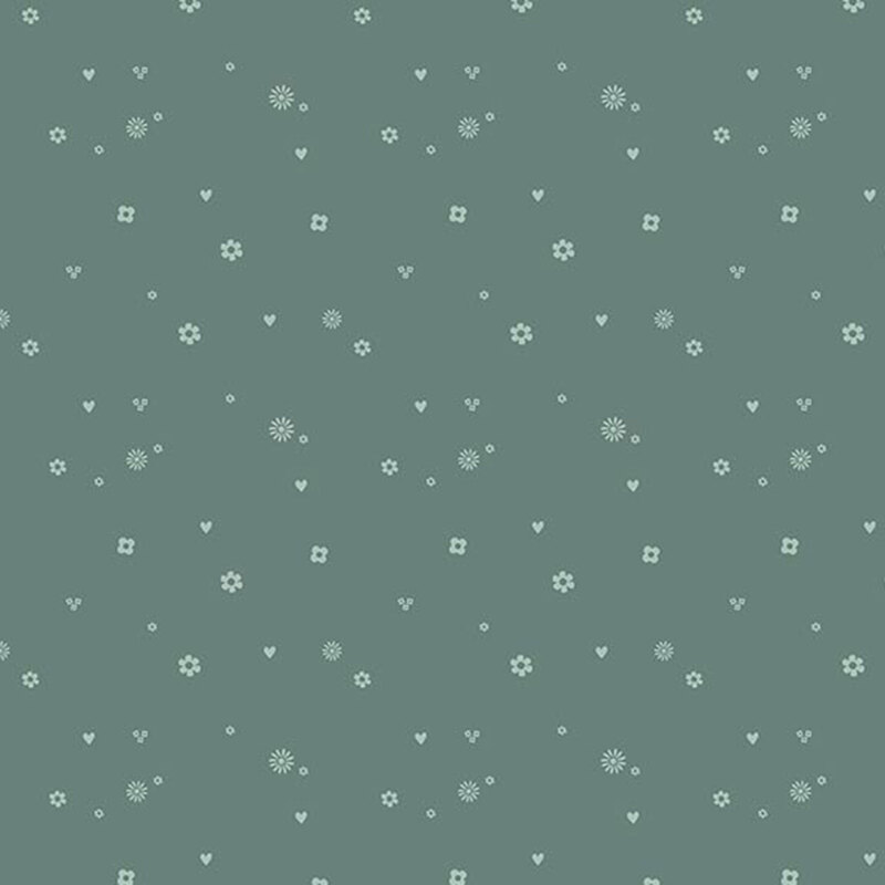 Dark teal fabric with a tossed pattern of small light aqua shapes including daisies, hearts, squares, and dots.