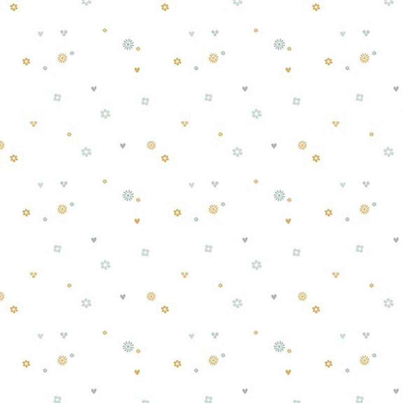 Cloud white fabric with a tossed pattern of small gray and gold shapes including daisies, hearts, squares, and dots.