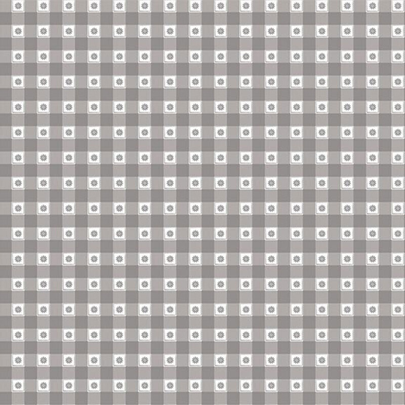 Gray gingham fabric with small gray flowers