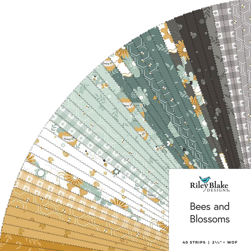 A fanned out collage of fabrics in the collection in goldenrod, white, faded aquamarine, teal, and gray, featuring bee motifs and tonal designs.