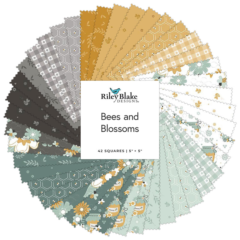 A circular collage of fabrics in the collection in goldenrod, white, faded aquamarine, teal, and gray, featuring bee motifs and tonal designs.