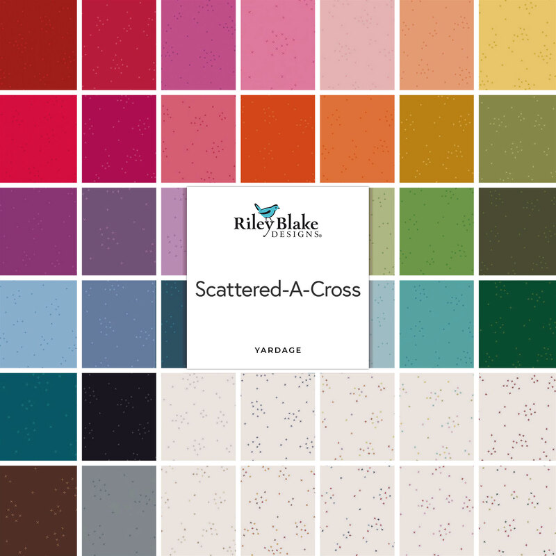 A fabric collage featuring a rainbow of colors and blenders from the Scattered-A-Cross collection.