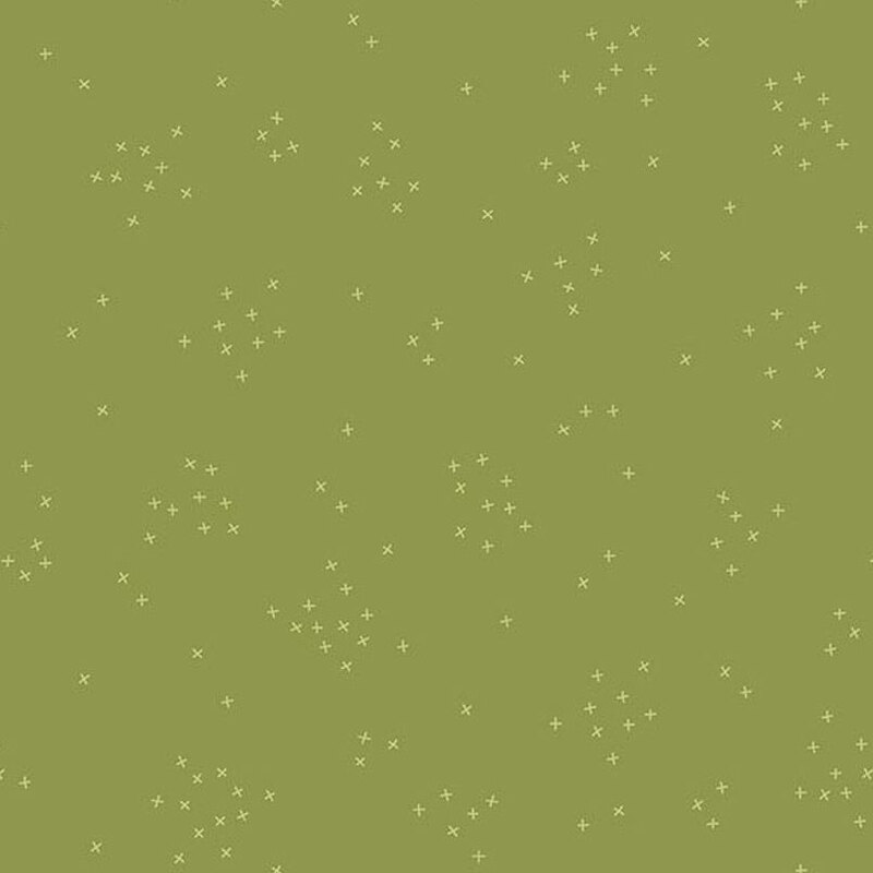 This sage green fabric is scattered with tiny crosses clustered together.