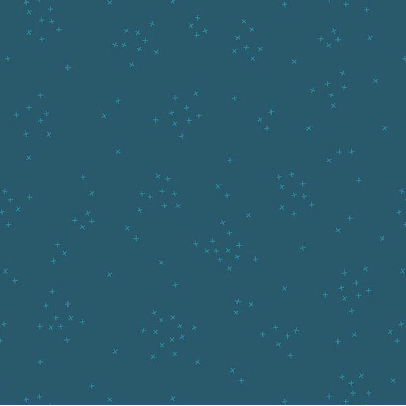 This dark teal fabric is scattered with tiny tonal crosses clustered together.