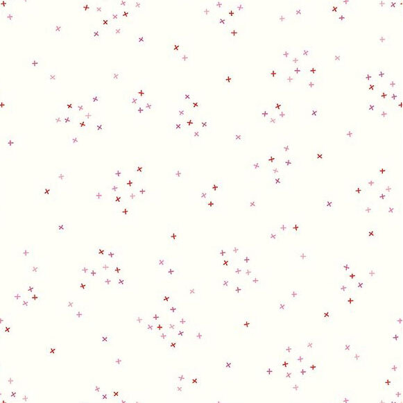 This white fabric is scattered with tiny red and pink crosses clustered together.