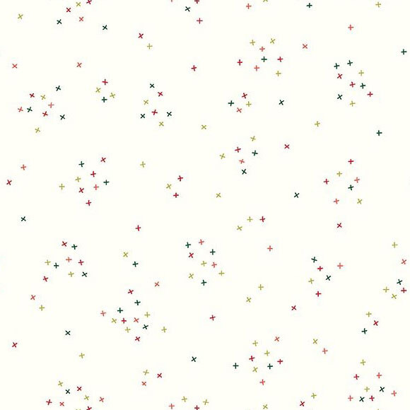 This white fabric is scattered with tiny red and green crosses clustered together.