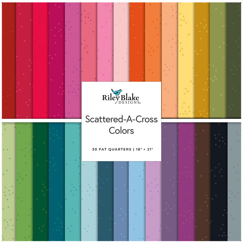 A fabric collage featuring a rainbow of colors from the Scattered-A-Cross collection.