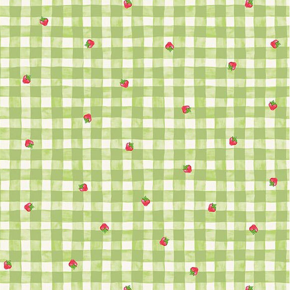A leaf green and cream gingham fabric tossed with tiny strawberries. 