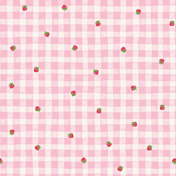 A pink and cream gingham fabric tossed with tiny strawberries. 