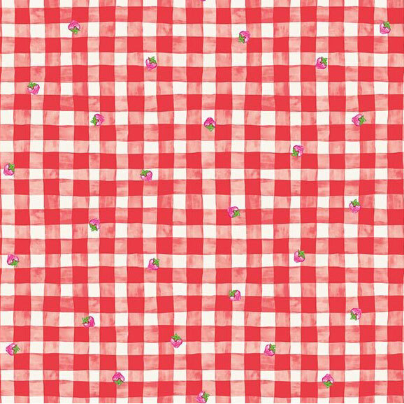 A red and cream gingham fabric tossed with tiny strawberries. 