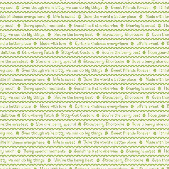 A cream fabric with leaf green squiggles and sweet sayings. 