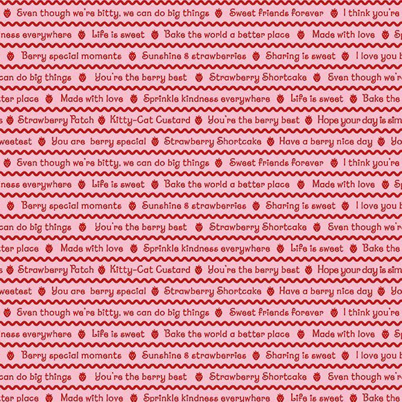 A pink fabric with red squiggles and sweet sayings. 