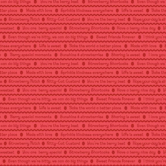 A strawberry red fabric with red squiggles and sweet sayings. 