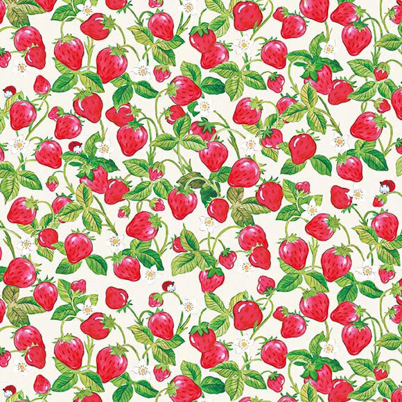 A cream fabric with packed strawberry bushes and plenty of ripe berries. 