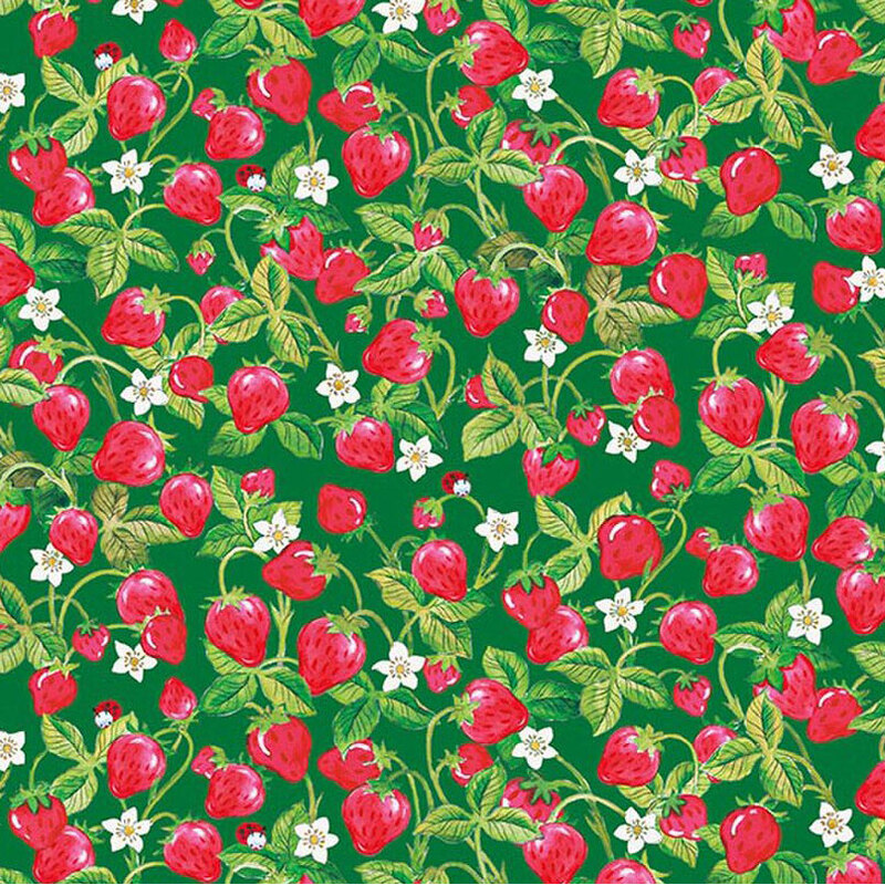 A dark green fabric with packed strawberry bushes and plenty of ripe berries. 