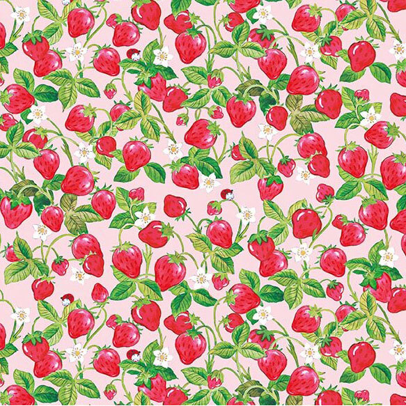 A pink fabric with packed strawberry bushes and plenty of ripe berries. 