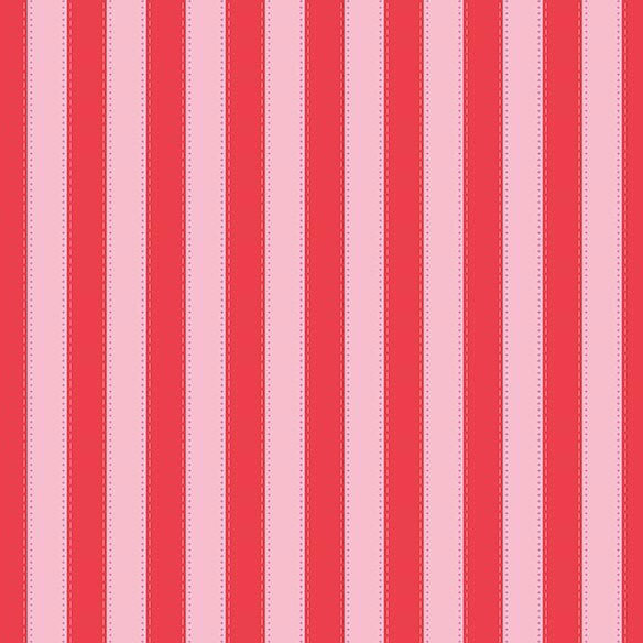 A pink and strawberry red striped fabric with stitching details along each stripe. 