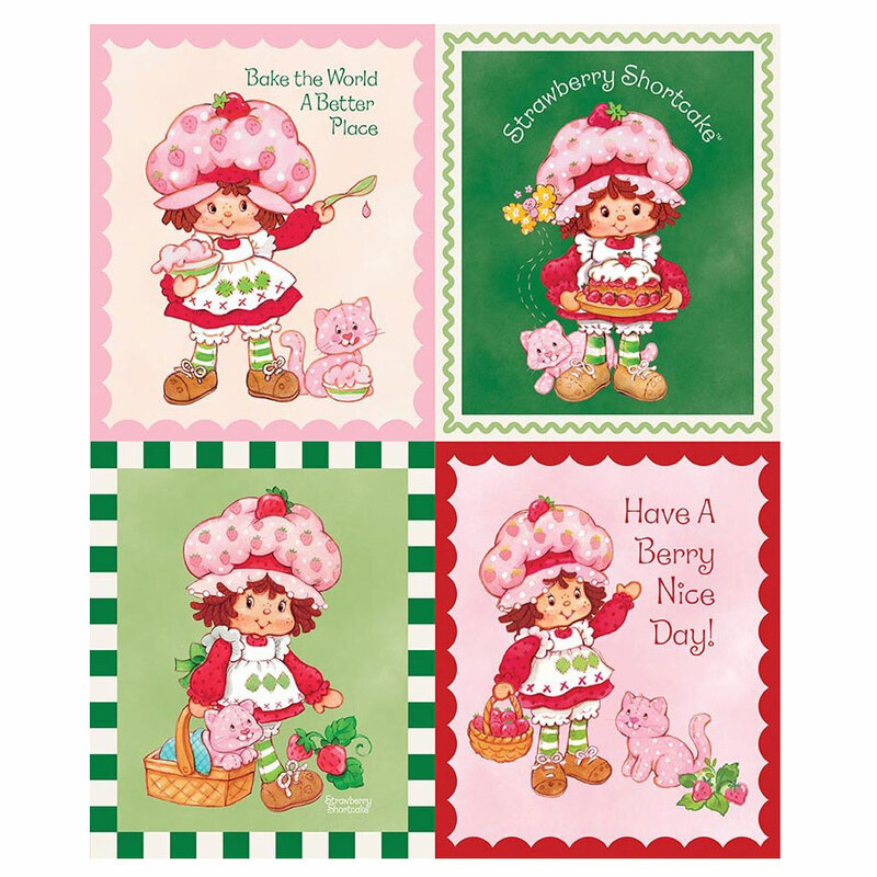 A multi-color fabric panel with four scenes of Strawberry Shortcake enjoying everyday adventures.