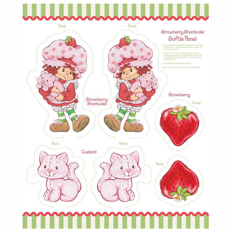 A fabric project panel with instructions to make a stuffed Strawberry Shortcake, Custard and a strawberry. 