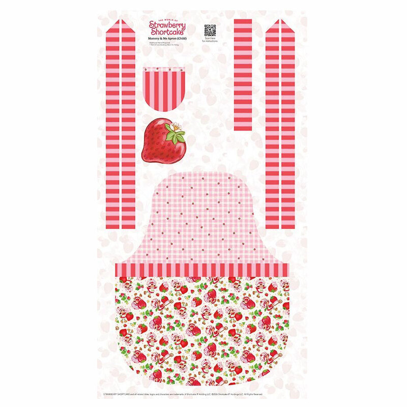 A project panel with instructions to make one child size Strawberry Shortcake themed kitchen apron.