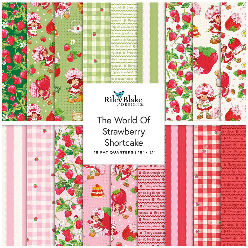 A fabric collage featuring pink and green fabrics from The World Of Strawberry Shortcake collection by Riley Blake Designs.  