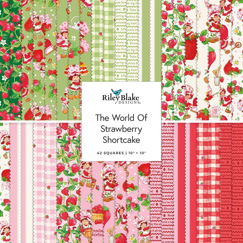A fabric collage featuring pink and green fabrics from The World Of Strawberry Shortcake collection by Riley Blake Designs.  