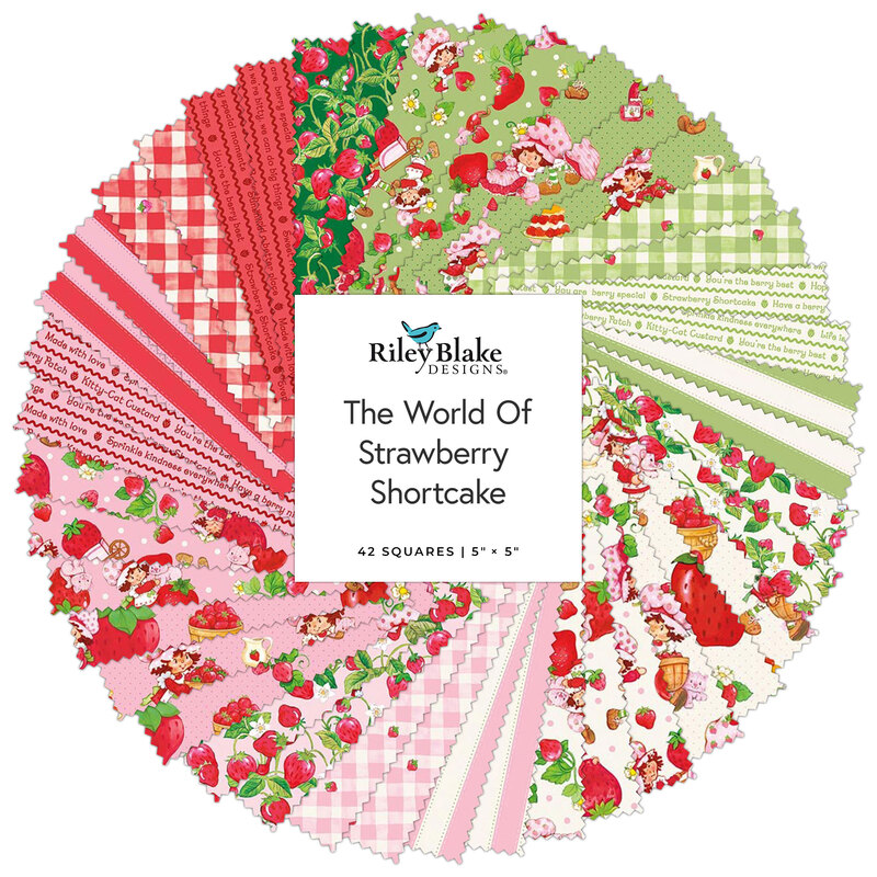 A spiral fabric collage featuring pink and green fabrics from The World Of Strawberry Shortcake collection by Riley Blake Designs.  