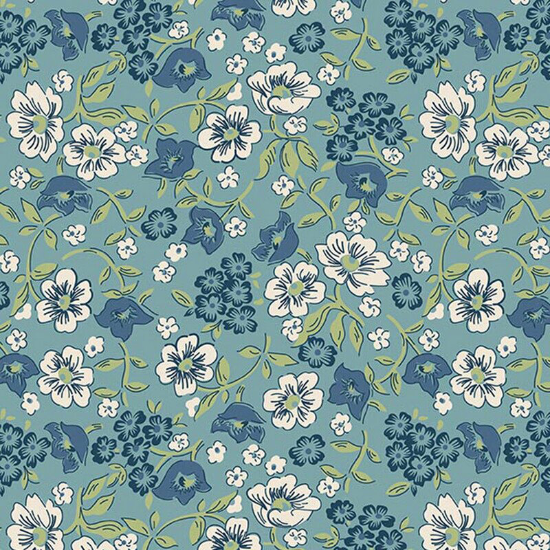 Teal fabric with a retro pattern of navy blue and white florals, as well as light green vines