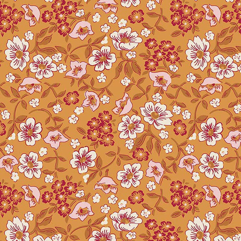 Pumpkin orange fabric with a retro pattern of pastel pink, red, and white florals, as well as brown vines
