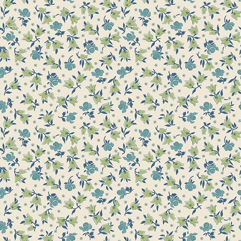 Eggshell fabric with a tossed pattern of green and blue florals with green dots