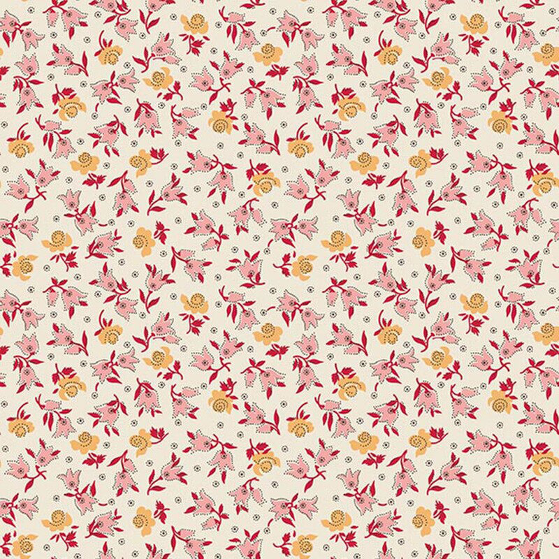 Eggshell fabric with a tossed pattern of pastel pink and gold florals with red stems and gray dots