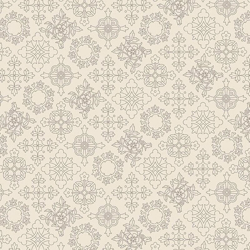 Eggshell fabric with a a pattern of gray line-art crosses and medallions