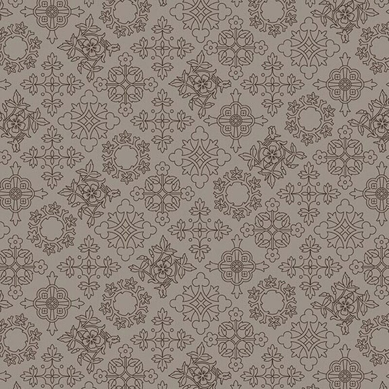 Smoke gray fabric with a pattern of dark gray line-art crosses and medallions