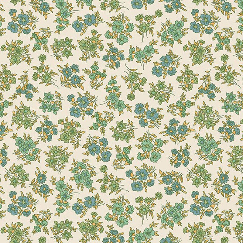 Warm cream fabric with a pattern of apple green and teal floral bunches