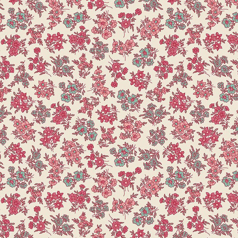 Warm cream fabric with a pattern of magenta, pink, and muted teal floral bunches