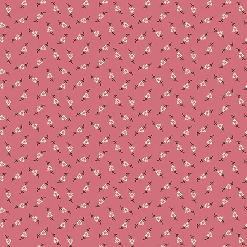 Rose pink fabric with a ditsy pattern of cream florals with dark gray stems